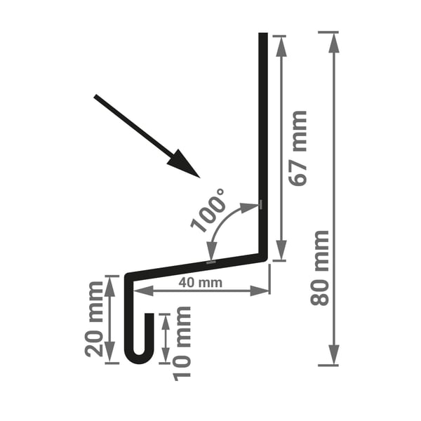 Technische Zeichnung der Sockelleiste Typ 2 mit Massen 67 mm, 40 mm, 20 mm, 10 mm und 100 Grad Winkel