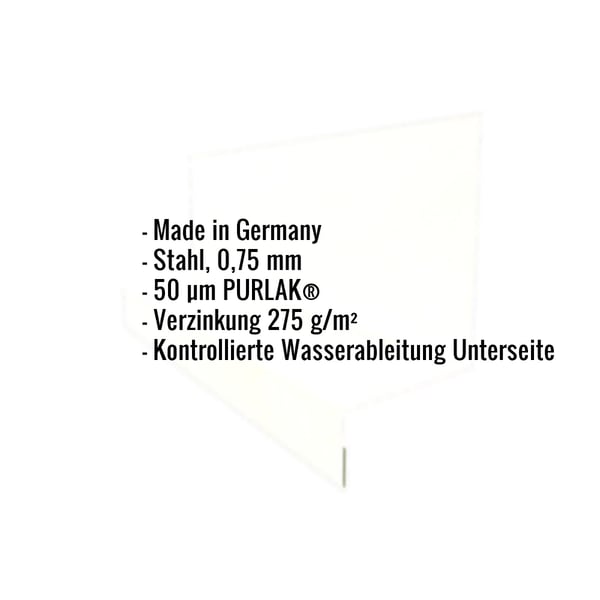 Aufgedruckte Produktmerkmale: Stahl 0,75 mm, 50 µm PURLAK Beschichtung, Verzinkung 275 g/m², Made in Germany