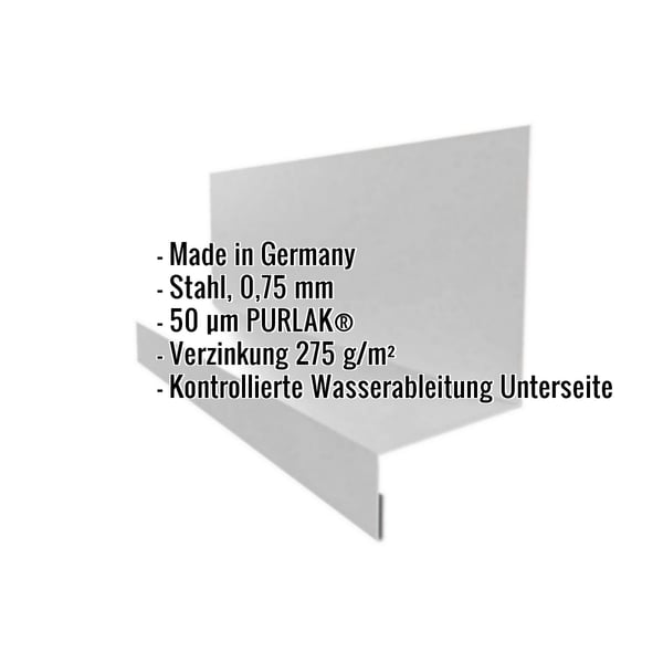 Sockelleiste Typ 2 aus Stahl, Weißaluminium RAL 9006, 0,75 mm Stärke, mit eingeblendeten Eckdaten