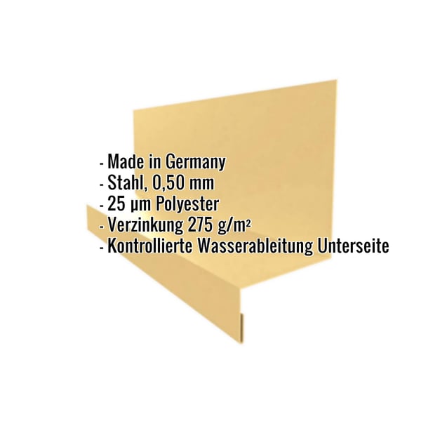Sockelleiste Typ 2 aus sandgelbem Stahl, 0,50 mm, mit Polyesterbeschichtung und eingeblendeten Eckdaten
