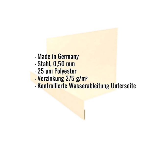 Sockelleiste Stahl Hellelfenbein mit eingeblendeten Eckdaten zu Material und Beschichtung