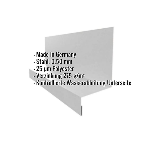 Sockelleiste Typ 2 aus Stahl 0,50 mm Weißaluminium RAL 9006, mit eingeblendeten Eckdaten