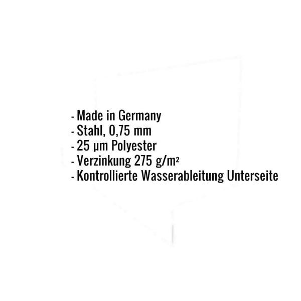 Liste der Eckdaten: Made in Germany, Stahl 0,75 mm, 25 µm Polyester, Verzinkung 275 g/m², kontrollierte Wasserableitung