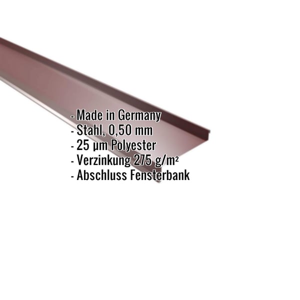 Sohlbank Weinrot RAL 3005 aus 0,50 mm Stahl mit 25 µm Polyesterbeschichtung, wichtige Eckdaten eingeblendet