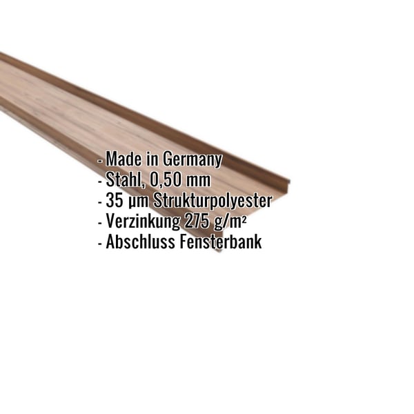 Sohlbank Eiche 0,50 mm Stahl mit 35 µm Strukturpolyester Beschichtung, Eckdaten eingeblendet