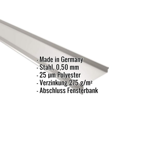 Sohlbank aus Stahl in Lichtgrau RAL 7035, 0,50 mm Stärke, mit eingeblendeten Eckdaten