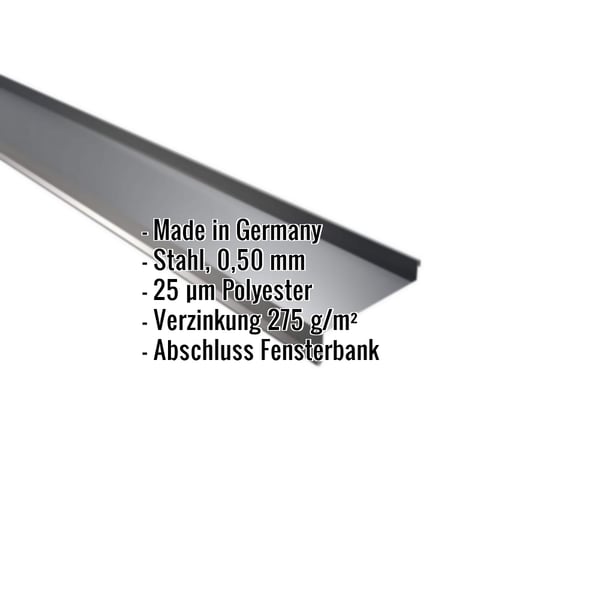 Sohlbank Stahl 0,50 mm Anthrazitgrau, mit eingeblendeten technischen Daten und Herkunftsland