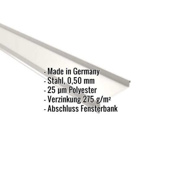 Sohlbank aus Stahl 0,50 mm Reinweiß RAL 9010 mit Polyesterbeschichtung, Eckdaten eingeblendet