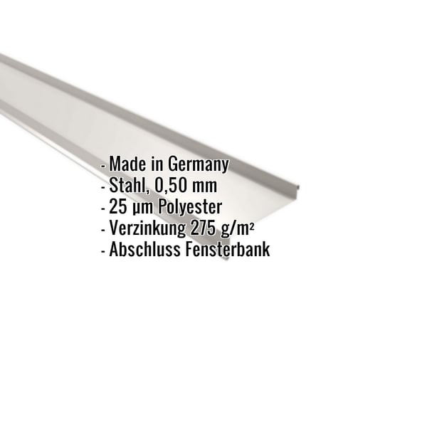 Sohlbank aus Stahl, Grauweiß RAL 9002, mit eingeblendeten Eckdaten zu Material und Beschichtung