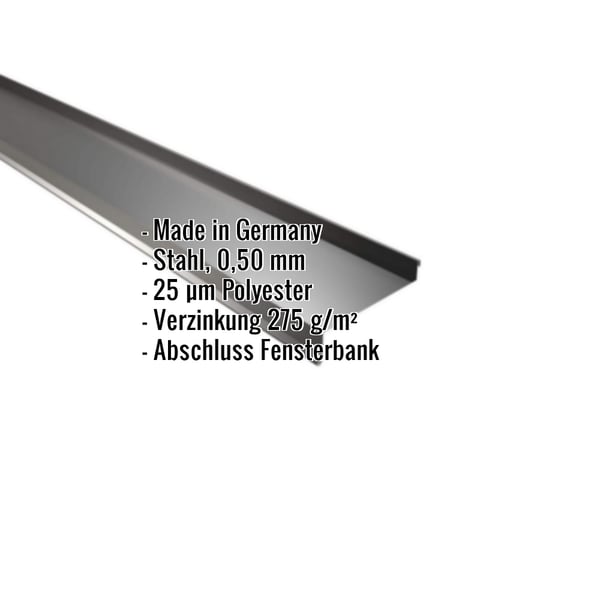 Sohlbank Tiefschwarz RAL 9005 aus Stahl 0,50 mm, Polyester 25 µm beschichtet, mit eingeblendeten Eckdaten