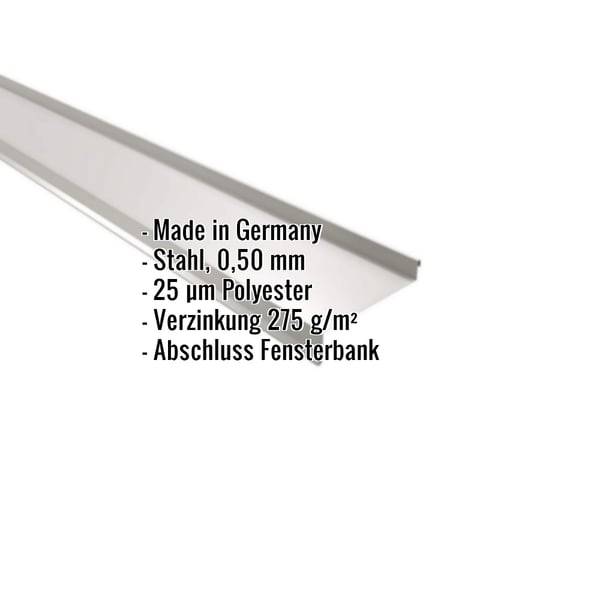 Sohlbank aus Stahl, 0,50 mm, Weißaluminium RAL 9006, mit eingeblendeten Eckdaten