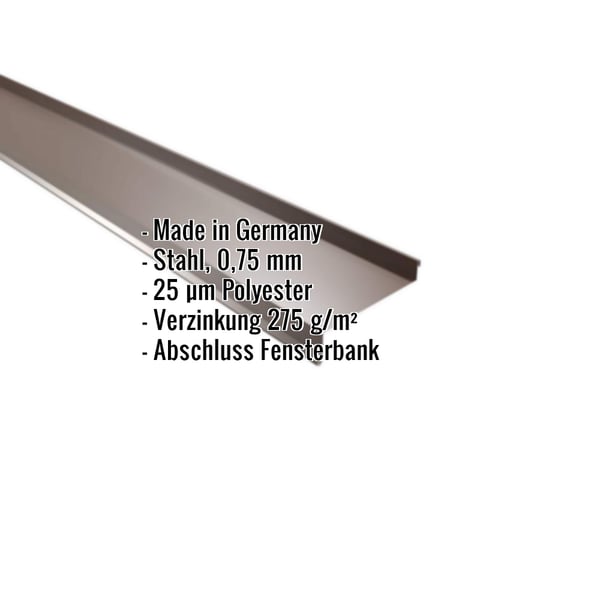Sohlbank Nussbraun RAL 8011 Stahl 0,75 mm, 25 µm Polyester, mit eingeblendeten Eckdaten