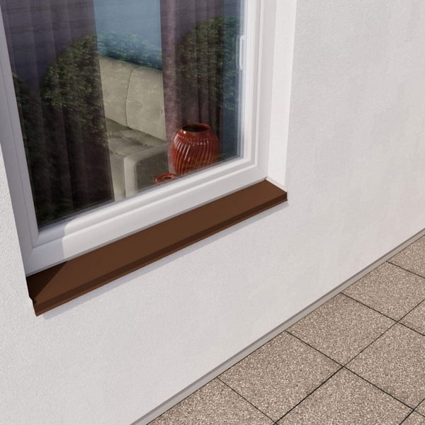 Sohlbank Nussbraun RAL 8011 unter einem Fenster an einer weissen Hauswand verbaut