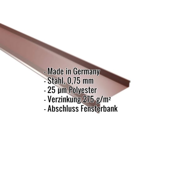 Sohlbank Rotbraun RAL 8012 aus Stahl 0,75 mm mit 25 µm Polyesterbeschichtung, Eckdaten eingeblendet
