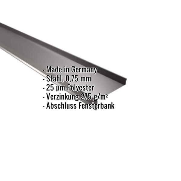 Sohlbank aus schokoladenbraunem Stahl, 0,75 mm, mit Polyesterbeschichtung, Eckdaten eingeblendet