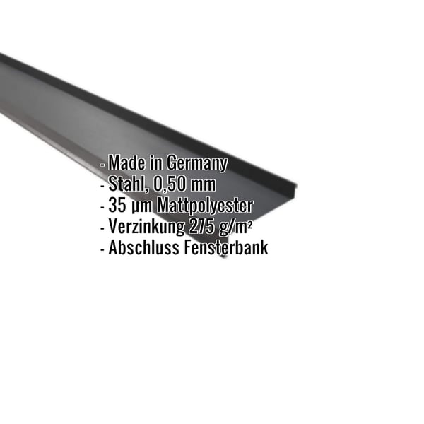 Sohlbank Stahl dunkelgrau, 0,50 mm, mit Mattpolyester-Beschichtung und eingeblendeten Eckdaten