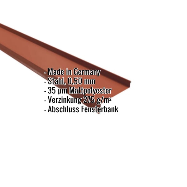 Sohlbank aus ziegelrotem Stahl, 0,50 mm, mit 35 µm Mattpolyester Beschichtung, wichtige Eckdaten eingeblendet