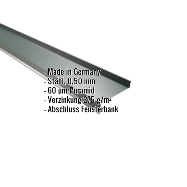 Sohlbank aus Stahl 0,50 mm, moosgrün, mit Puramid-Beschichtung und eingeblendeten Eckdaten