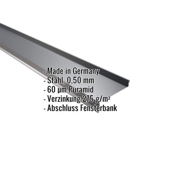 Sohlbank aus Stahl 0,50 mm Anthrazitgrau RAL 7016 mit Puramid Beschichtung und Eckdaten als Infografik