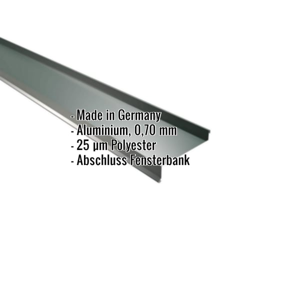 Sohlbank Aluminium moosgrün, 0,70 mm, mit eingeblendeten Eckdaten zu Material und Beschichtung