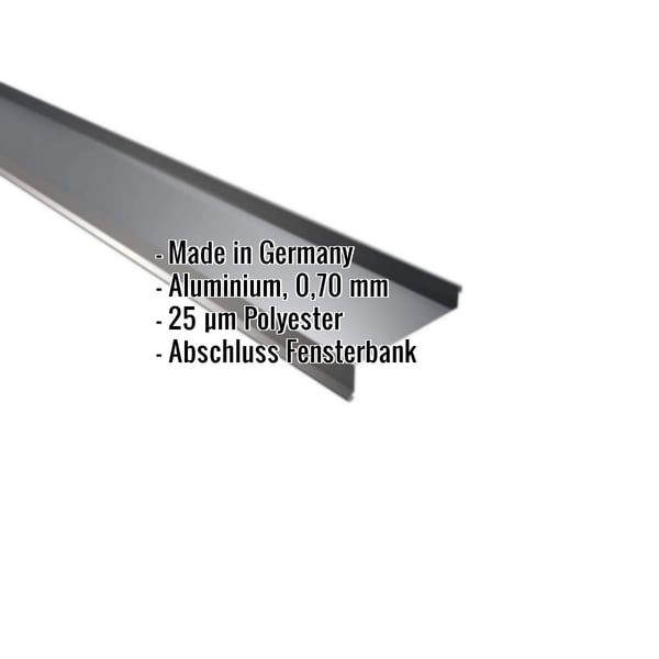 Sohlbank Aluminium Anthrazitgrau, schraeg von oben, mit eingeblendeten Eckdaten