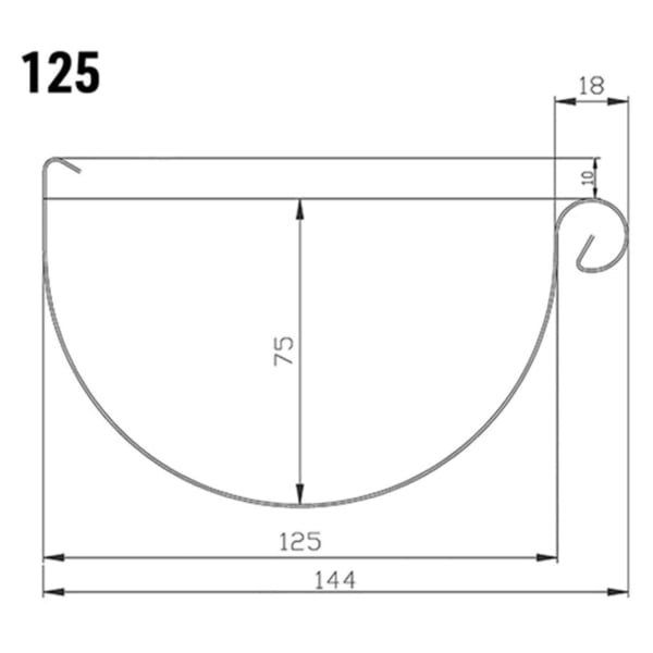 Technische Zeichnung einer Dachrinne mit den Massen 125 mm Breite und 75 mm Hoehe