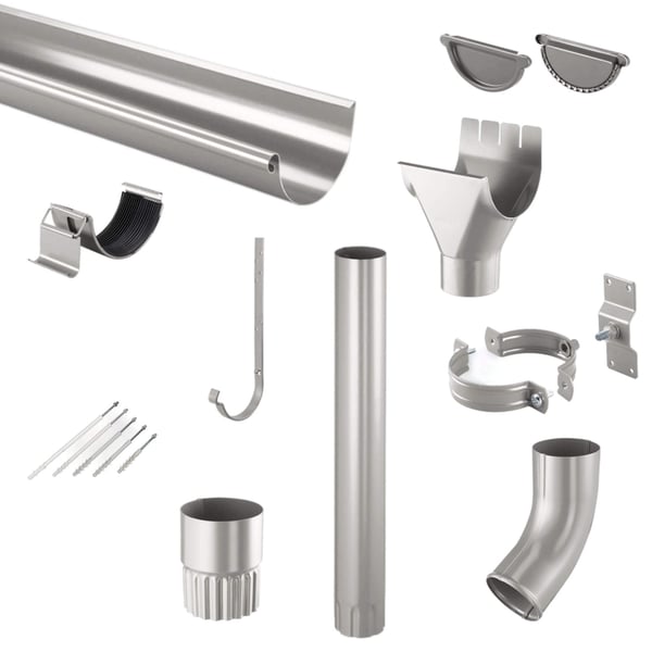 Stahl Dachrinnen Sparpaket in Graualuminium, alle Einzelteile wie Rinne, Fallrohr, Bogen, Schellen und Zubehoer freigestellt