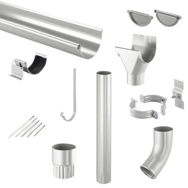 Stahl Dachrinnen Sparpaket, weißaluminium, alle Einzelteile auf weißem Hintergrund
