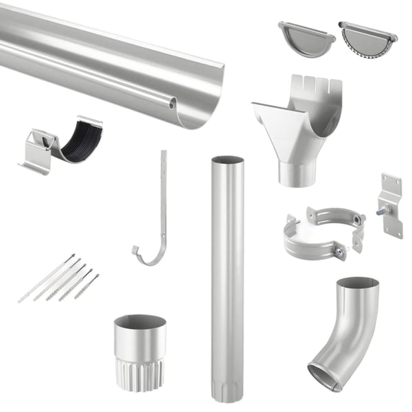 Stahl Dachrinnen Sparpaket in Weißaluminium, alle Einzelteile wie Rinne, Fallrohr, Bogen und Zubehör freigestellt