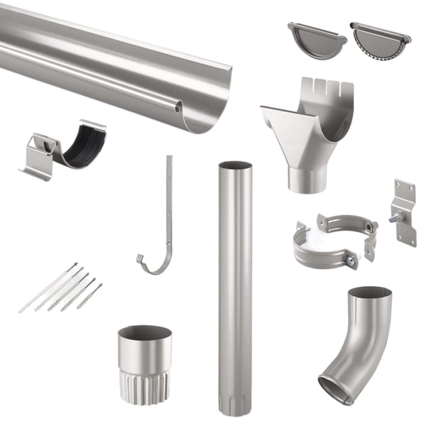 Stahl Dachrinnen Sparpaket in Graualuminium (RAL 9007) mit Rinne, Fallrohr, Bogen, Schellen und Zubehoer