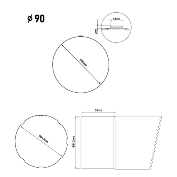 Technische Zeichnung des Fallrohrs 90 mit Massen fuer Durchmesser 90mm und Details zur Verbindung