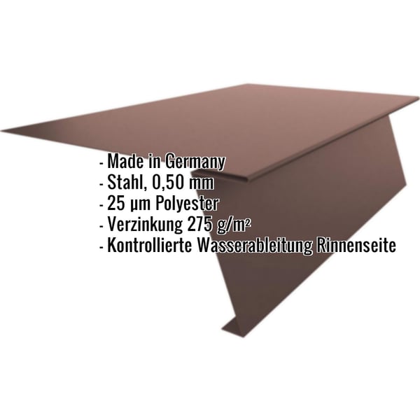 Startprofil Stahl Schokoladenbraun RAL 8017 mit eingeblendeten Eckdaten zu Material, Staerke und Beschichtung