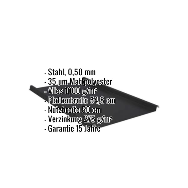 Stehfalzblech 33/500-LE schwarz, Stahl 0,50 mm, Mattpolyester 35 µm, Vlies 1000 g/m², Eckdaten eingeblendet