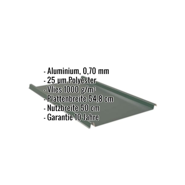 Stehfalzblech Aluminium moosgrün mit eingeblendeten Eckdaten zu Material, Stärke, Beschichtung und Maßen