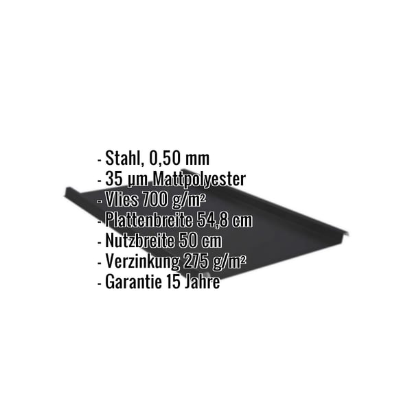 Stehfalzblech 33/500-LE schwarz, Stahl 0,50 mm, Mattpolyester 35 µm, Vlies 700 g/m², Eckdaten eingeblendet