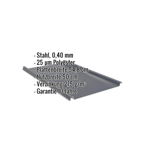 Stehfalzblech 33/500-LE Anthrazitgrau, Stahl 0,40 mm mit 25 µm Polyesterbeschichtung, Eckdaten eingeblendet