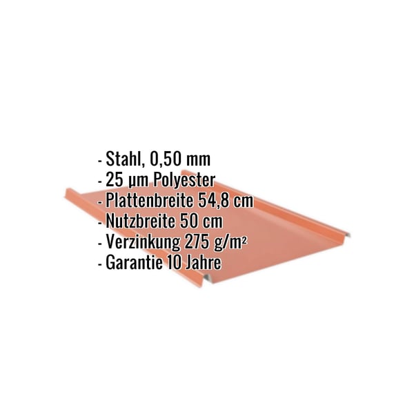Stehfalzblech 33/500-LE in Kupferbraun, Stahl 0,50 mm, mit eingeblendeten Eckdaten und Garantiehinweis