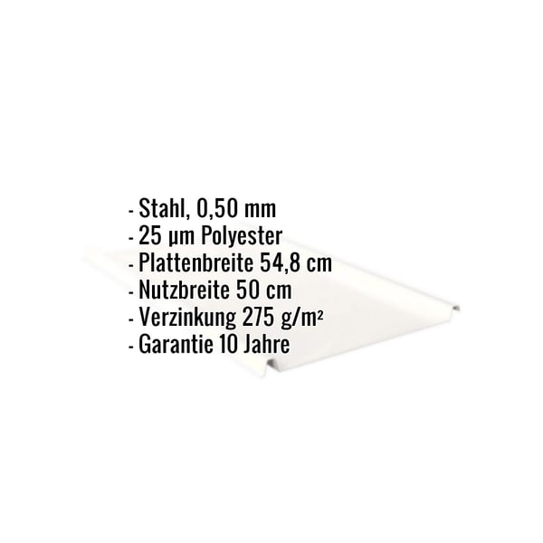 Stehfalzblech Reinweiß mit eingeblendeten Eckdaten zu Material, Beschichtung und Abmessungen