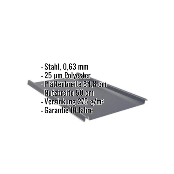 Stehfalzblech 33/500-LE anthrazitgrau, 0,63 mm Stahl, mit eingeblendeten Eckdaten