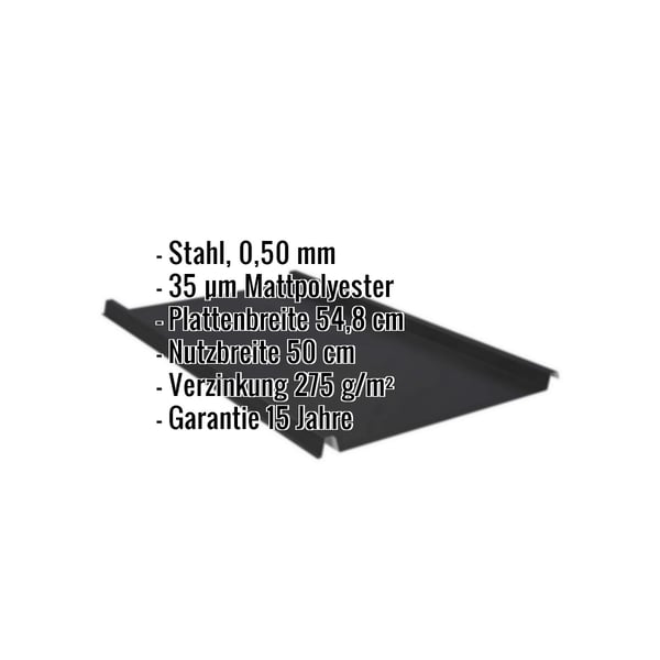 Stehfalzblech 33/500-LE schwarz, Stahl 0,50 mm, 35 µm Mattpolyester, mit eingeblendeten Eckdaten