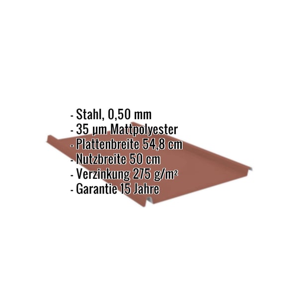 Stehfalzblech 33/500-LE Ziegelrot, 0,50 mm Stahl, mit eingeblendeten Eckdaten