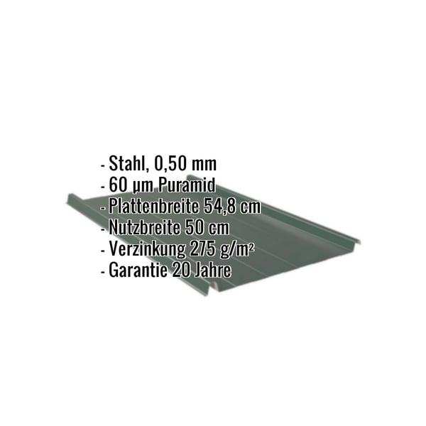 Stehfalzblech 33/500-LE moosgrün, Stahl 0,50 mm, Puramid-Beschichtung, Eckdaten eingeblendet