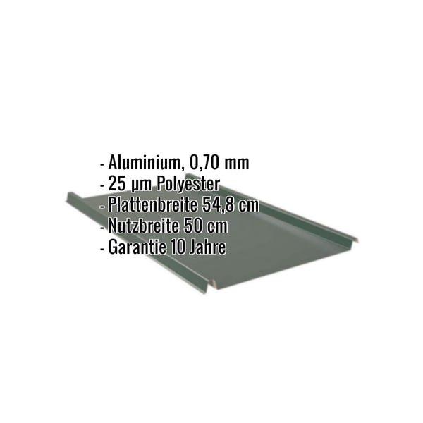 Stehfalzblech 33/500-LE Aluminium Moosgrün mit eingeblendeten Eckdaten