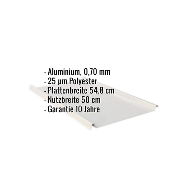 Stehfalzblech 33/500-LE aus Aluminium, Weißaluminium RAL 9006, mit eingeblendeten Eckdaten