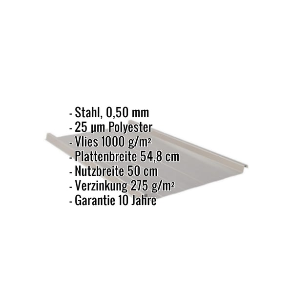 Stehfalzblech Graualuminium mit eingeblendeten Eckdaten zu Material, Staerke, Beschichtung und Massen