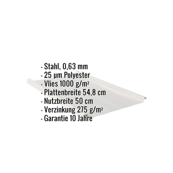 Stehfalzblech 33/500-LR, Weißaluminium, mit eingeblendeten Eckdaten zu Material, Beschichtung und Abmessungen