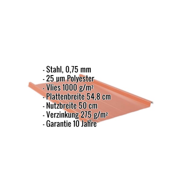 Stehfalzblech Kupferbraun RAL 8004 Infografik mit Eckdaten Stahl 0,75 mm, Polyester 25 µm, Vlies 1000 g/m²