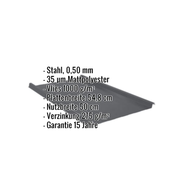 Stehfalzblech 33/500-LR dunkelgrau, Stahl 0,50 mm, Mattpolyester, Vlies 1000 g/m², mit eingeblendeten Eckdaten