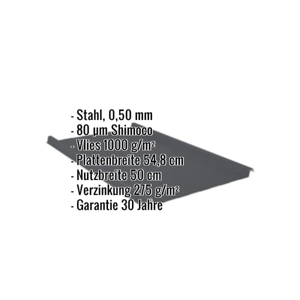 Stehfalzblech 33/500-LR Anthrazitgrau, Infografik mit Eckdaten zu Material, Stärke, Beschichtung und Maßen