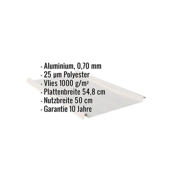 Stehfalzblech Aluminium 0,70 mm, Weißaluminium, mit eingeblendeten Eckdaten und Garantiehinweis